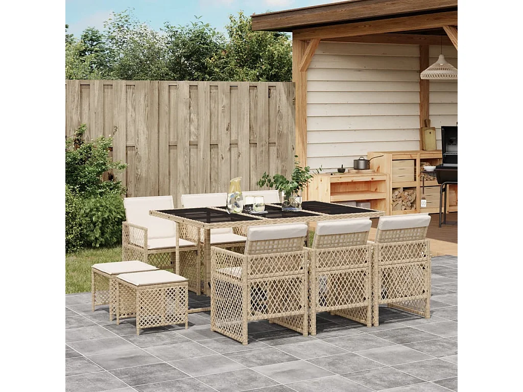 Ensemble à manger de jardin et coussins 11 pièces beige poly rotin