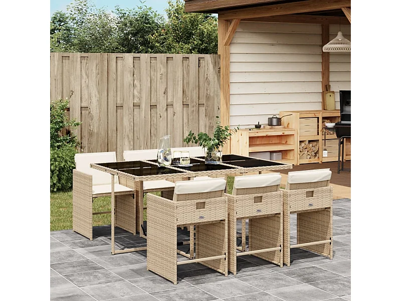 Ensemble à manger de jardin et coussins 7 pièces beige poly rotin