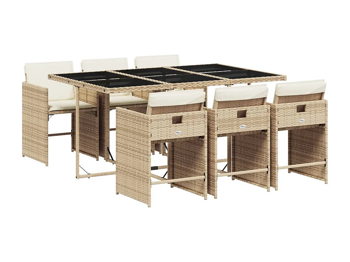 Ensemble à manger de jardin et coussins 7 pièces beige poly rotin