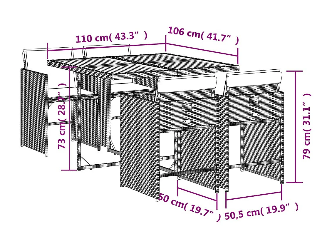 5 peças conjunto de jantar para jardim com almofadões vime PE preto