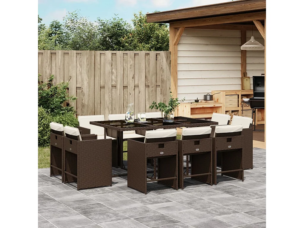 11 peças conjunto jantar para jardim com almofadões vime PE castanho