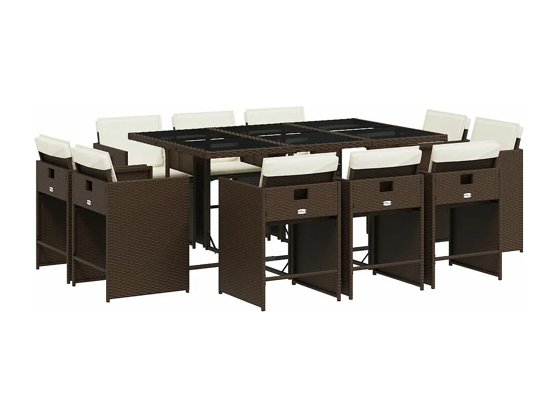 11 peças conjunto jantar para jardim com almofadões vime PE castanho