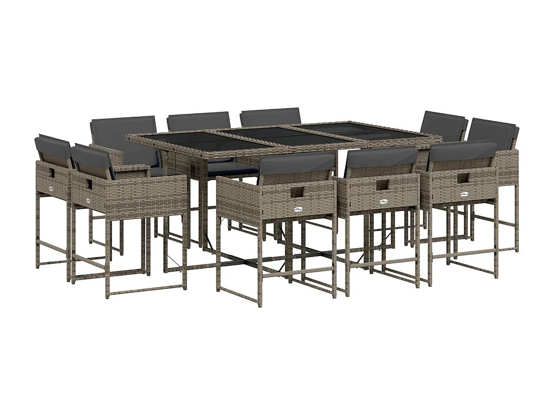 Set de comedor de jardín 11 piezas y cojines ratán sintético gris