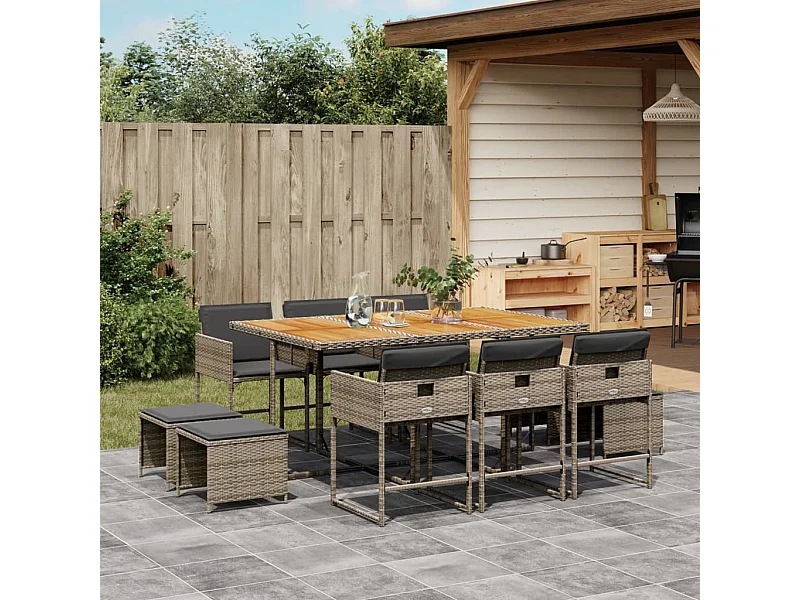 11 peças conjunto jantar para jardim com almofadões vime PE cinzento