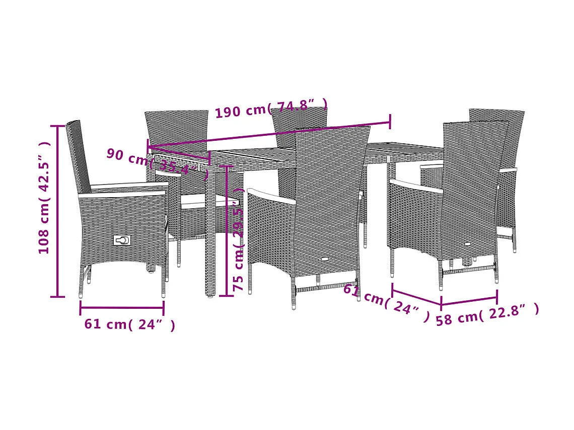 Set de comedor de jardín 7 piezas y cojines ratán sintético negro