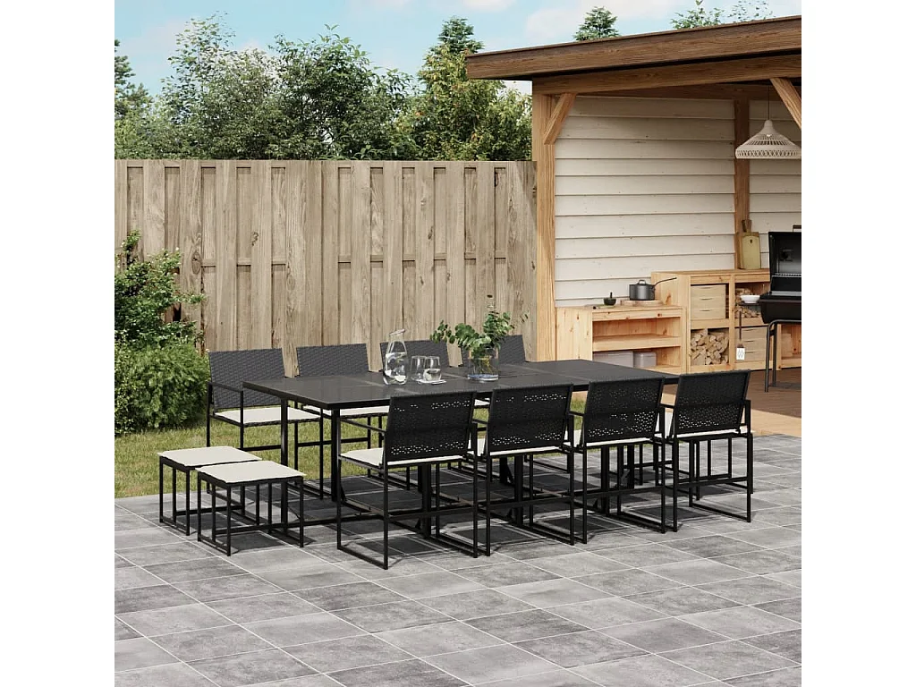 Set comedor de jardín con cojines 13 piezas ratán sintético negro