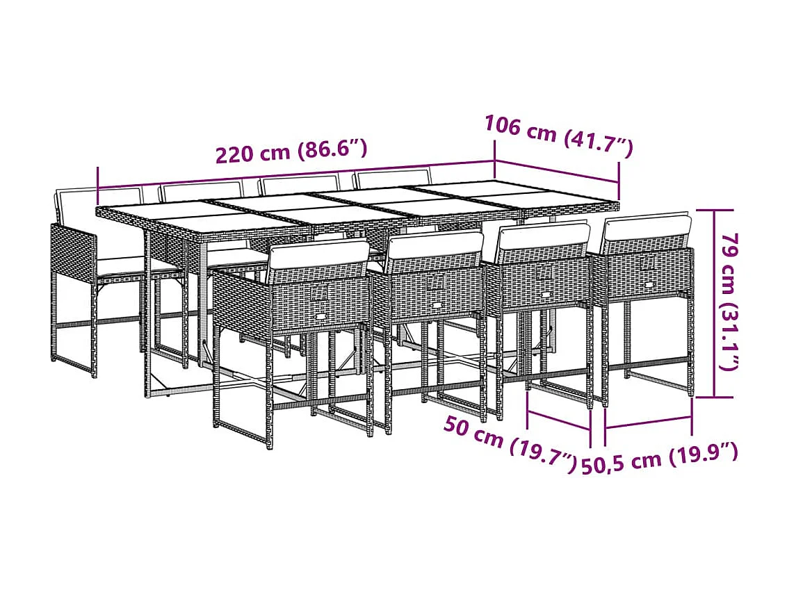 Ensemble à manger de jardin et coussins 9 pièces gris clair rotin