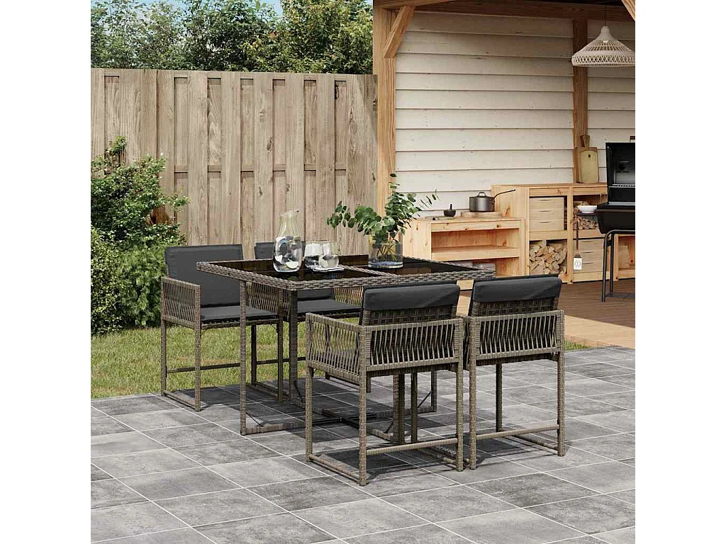 Set comedor de jardín 5 piezas con cojines ratán sintético gris