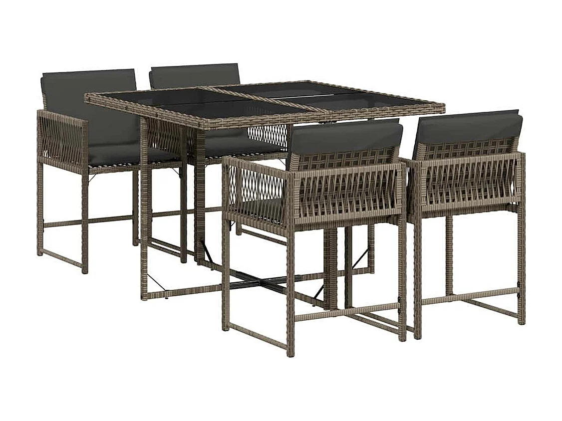 Set comedor de jardín 5 piezas con cojines ratán sintético gris