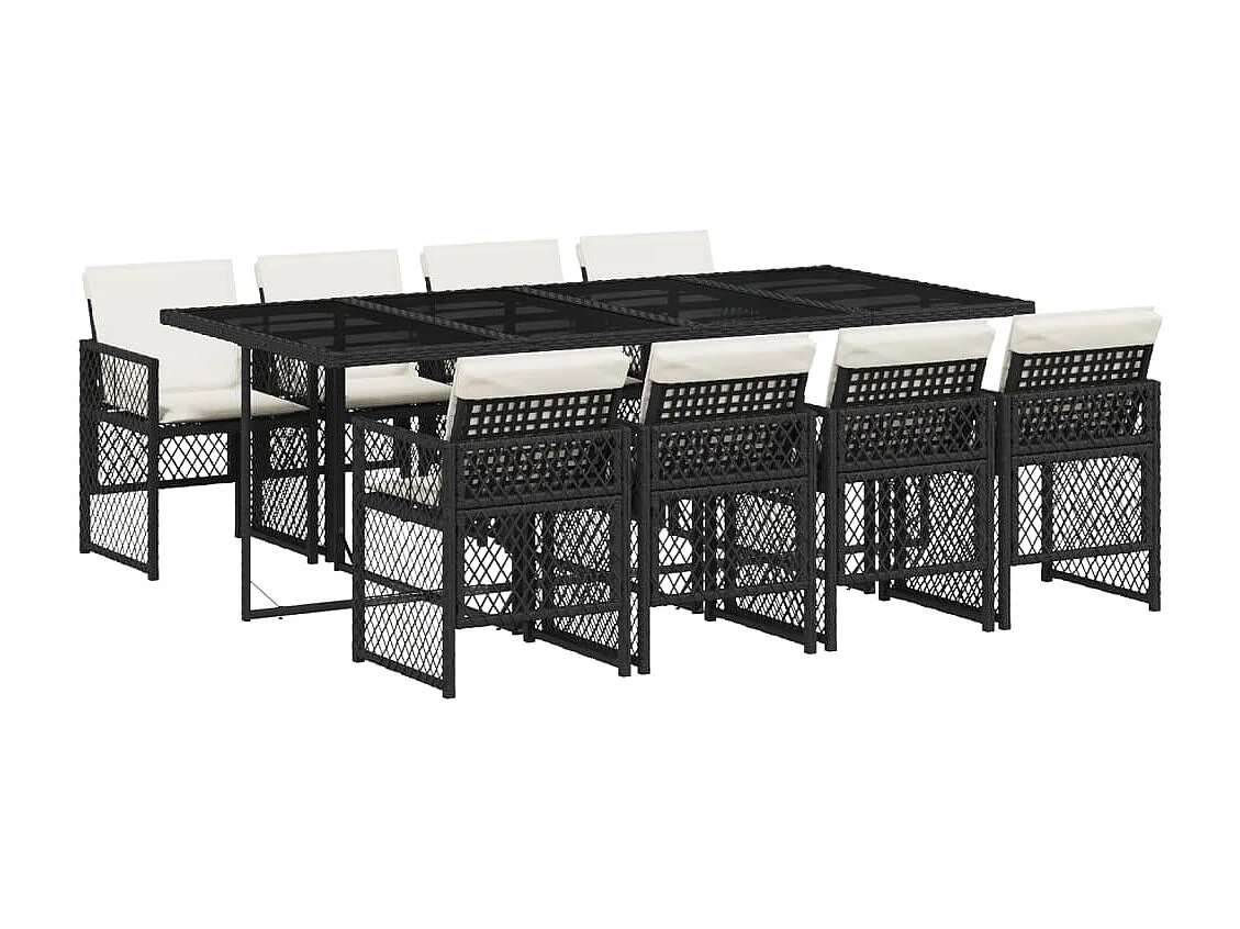9 peças conjunto de jantar para jardim com almofadões vime PE preto