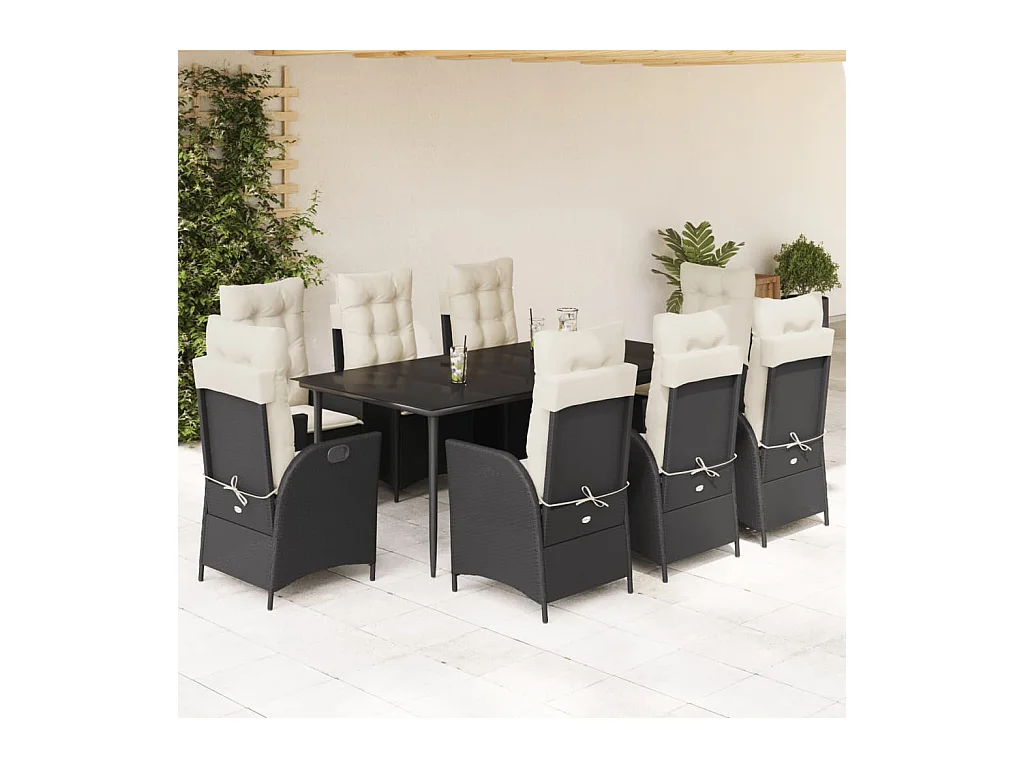 9 peças conjunto de jantar para jardim com almofadões vime PE preto