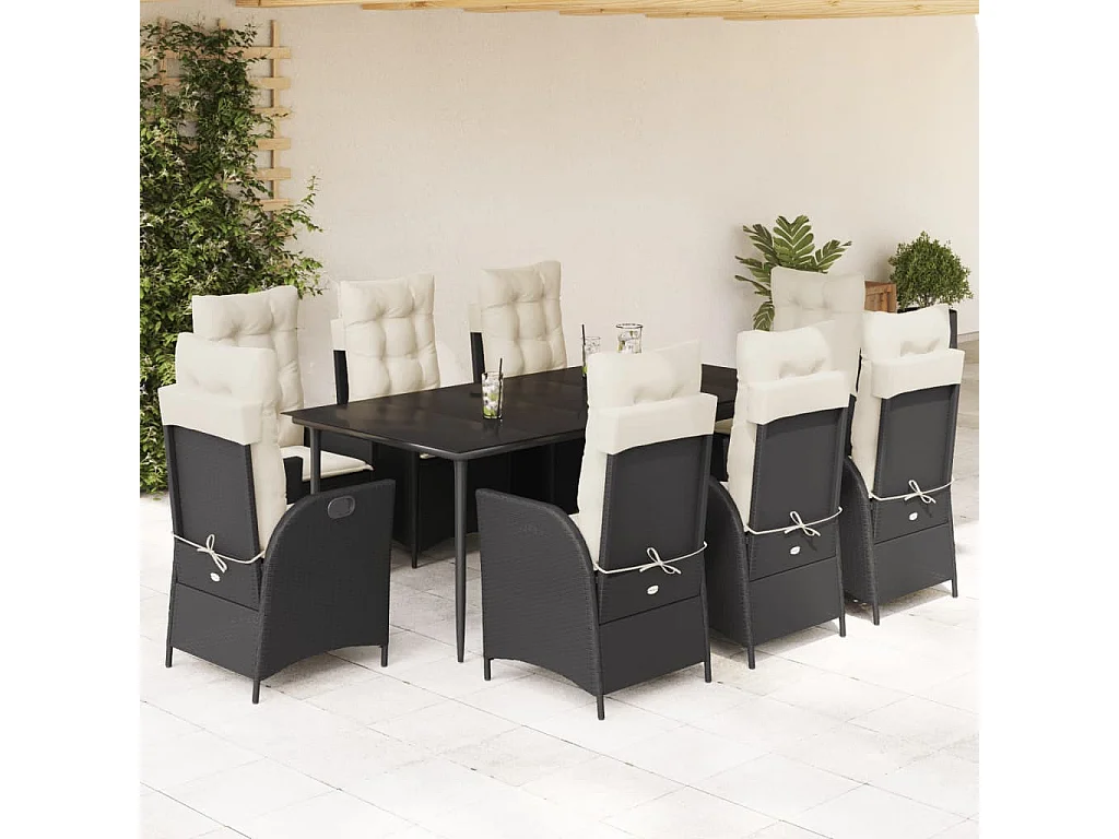 Set de comedor de jardín 9 piezas y cojines ratán sintético negro