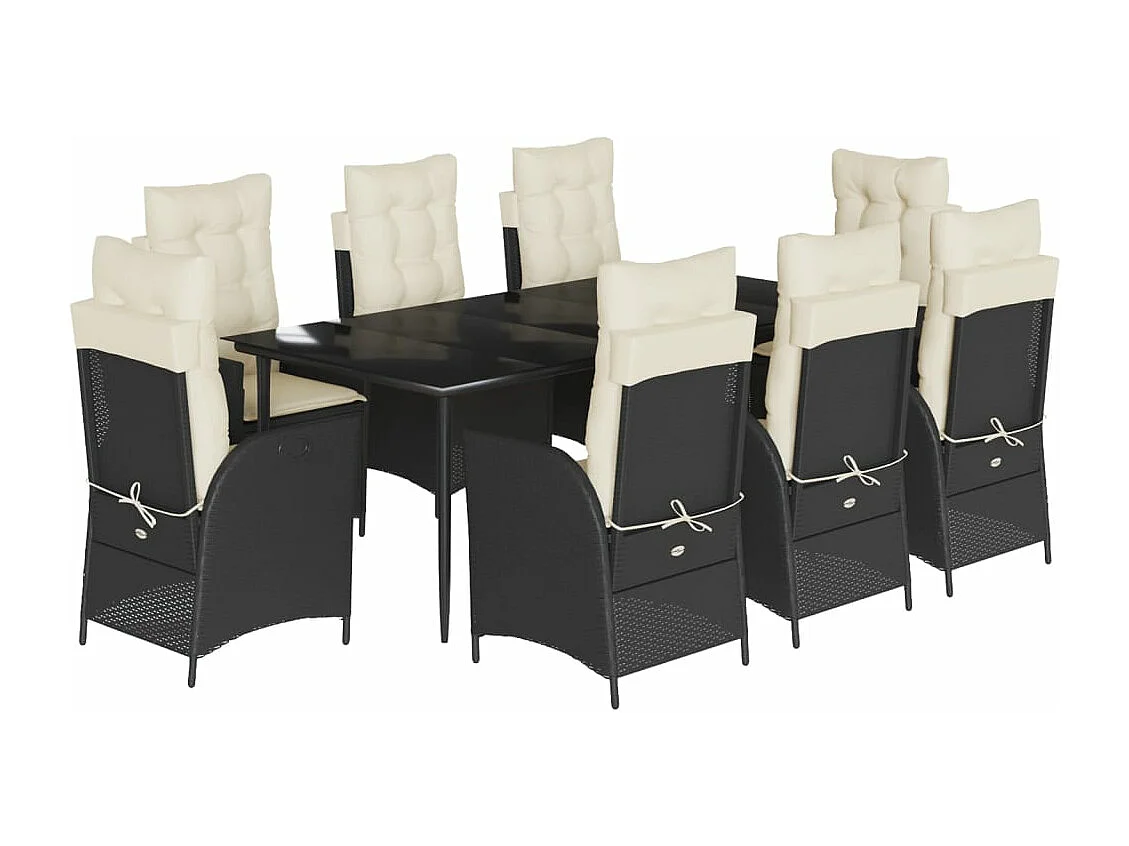 Set de comedor de jardín 9 piezas y cojines ratán sintético negro