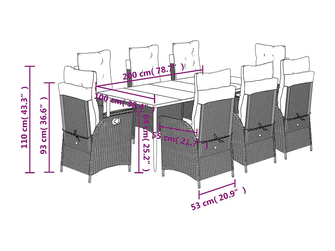 Set de comedor de jardín 9 piezas y cojines ratán sintético negro