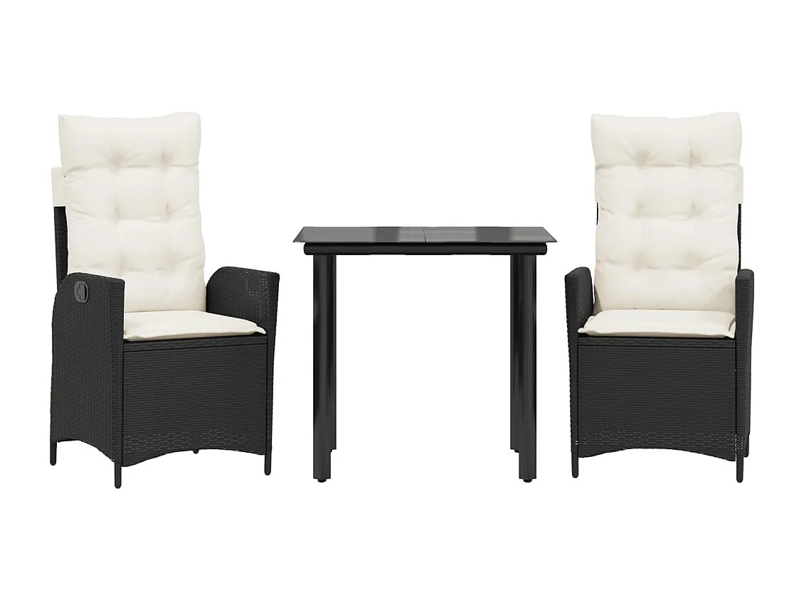 3 peças conjunto de jantar para jardim com almofadões vime PE preto