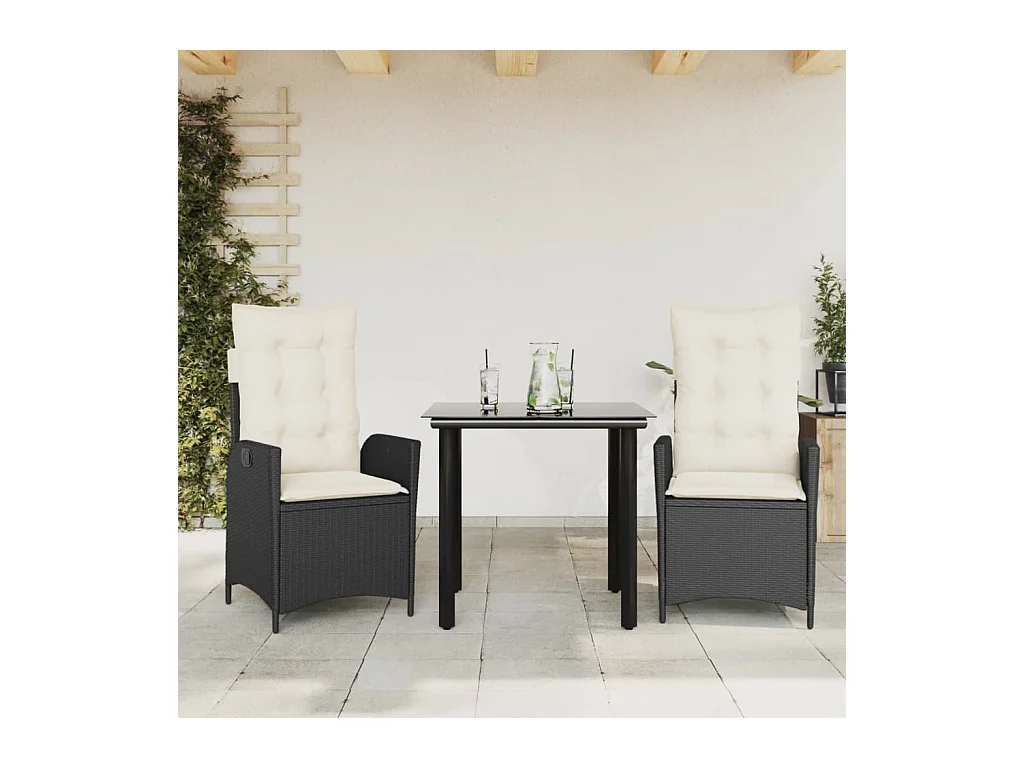3-delige Tuinset met kussens poly rattan zwart