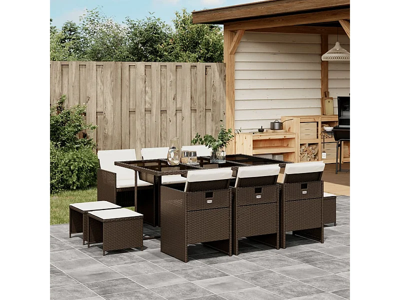 Ensemble à manger de jardin et coussins 11 pièces marron rotin
