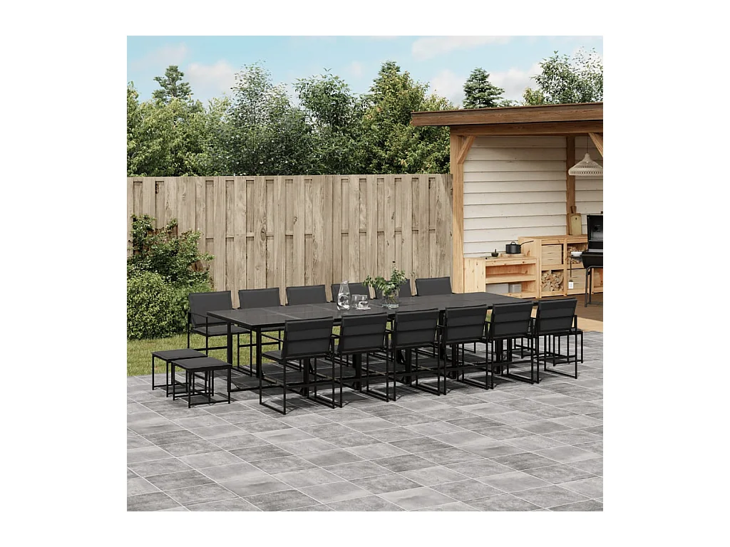 Ensemble à manger de jardin avec coussins 17 pièces noir textilène