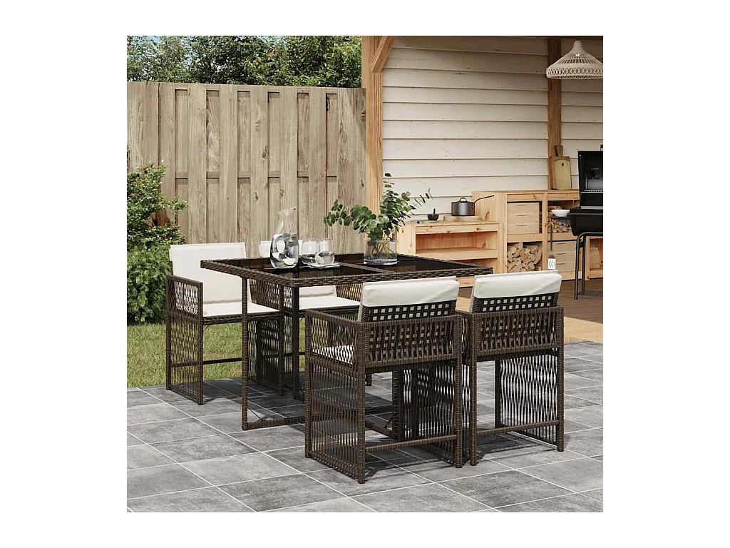 Ensemble à manger de jardin 5 pièces et coussins marron poly rotin