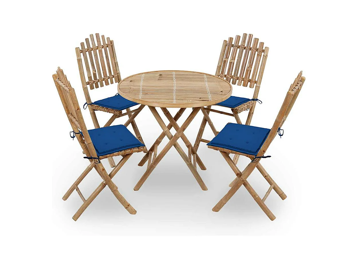 Mobilier à dîner d'extérieur pliable 5 pièces avec coussins Bambou