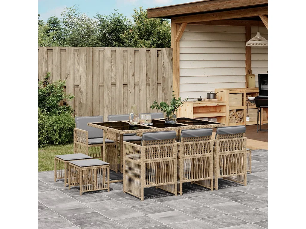 11-delige Tuinset met kussens poly rattan gemengd beige