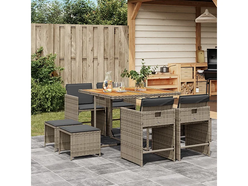 9-delige Tuinset met kussens poly rattan grijs