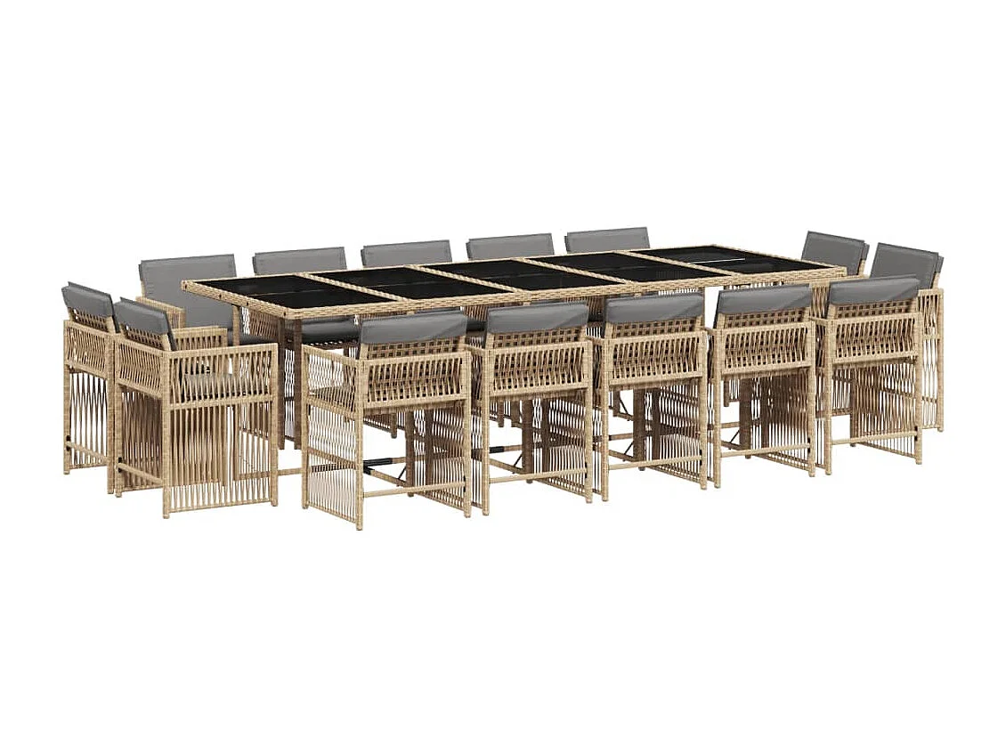 Set comedor de jardín con cojines 15 piezas ratán sintético beige