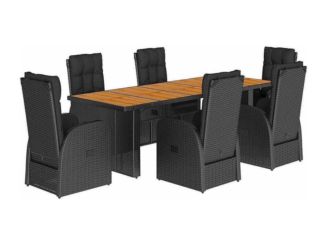 Set de comedor de jardín 7 piezas y cojines ratán sintético negro