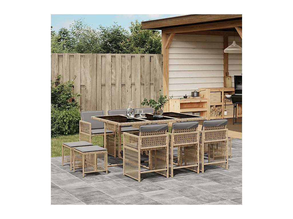 Ensemble à manger de jardin et coussins 11 pièces mélange beige