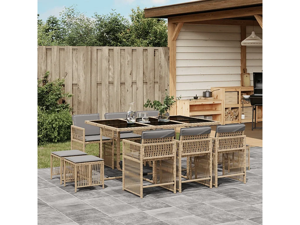 Set comedor de jardín 11 piezas con cojines ratán sintético beige