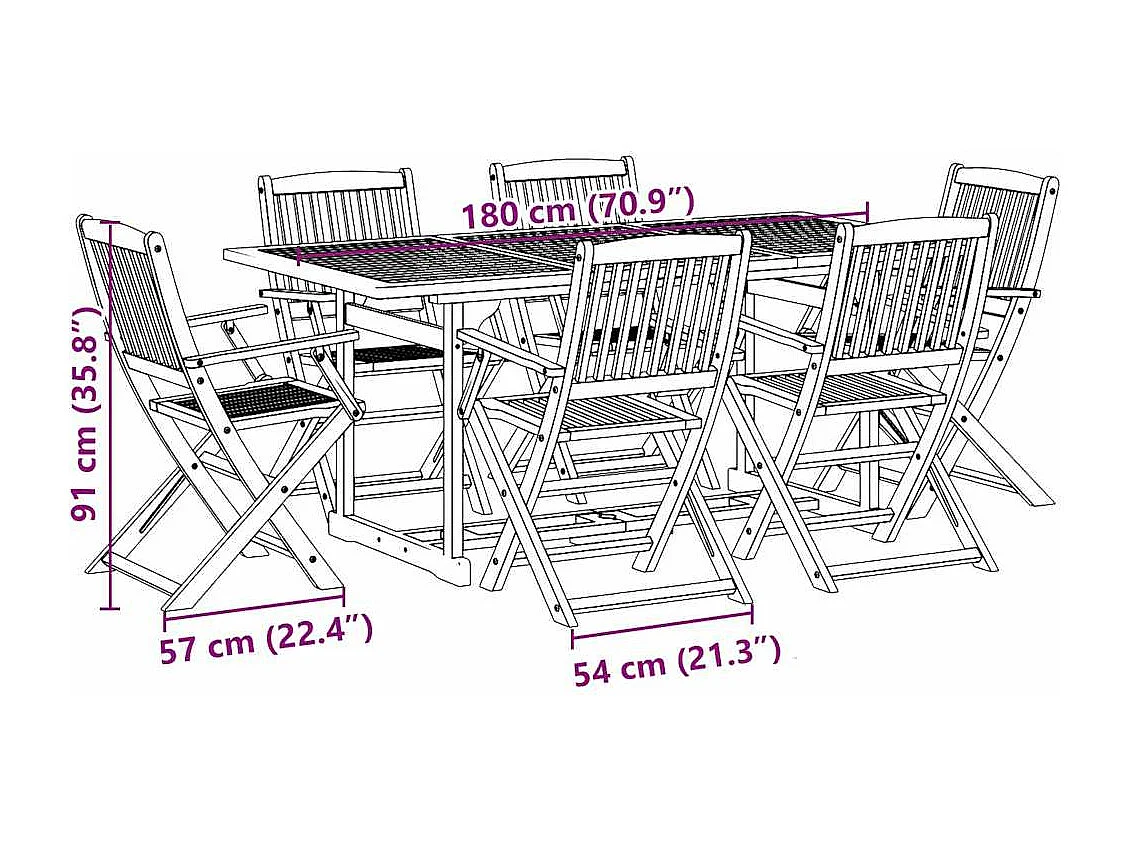 Juego comedor de jardín 7 piezas madera maciza acacia 180x90x75cm