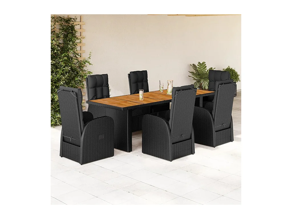 Set de comedor de jardín 7 piezas y cojines ratán sintético negro