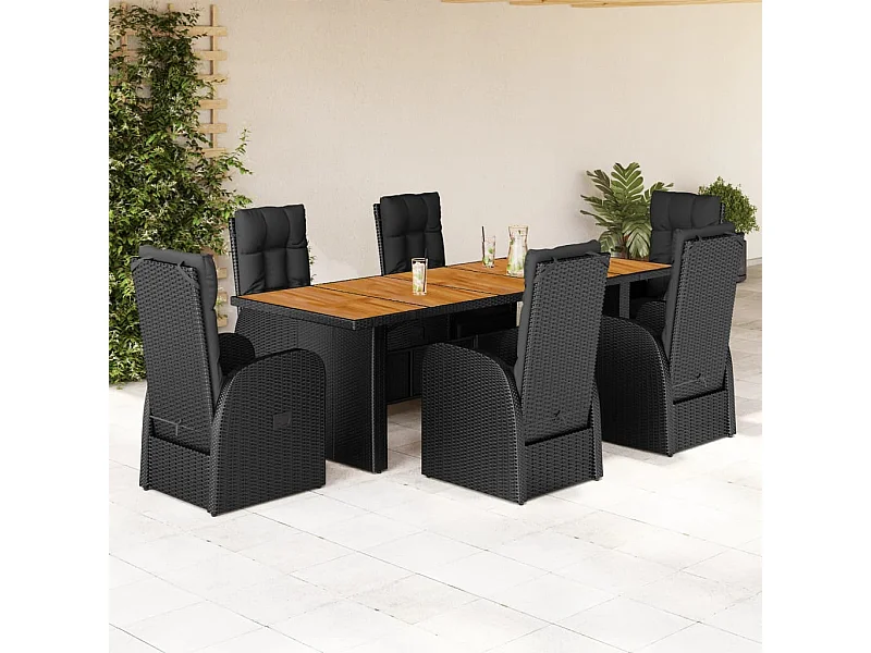 Set de comedor de jardín 7 piezas y cojines ratán sintético negro