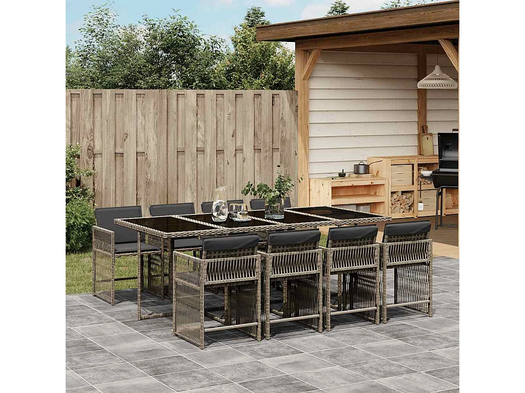 Set comedor jardín 9 piezas y cojines ratán sintético gris