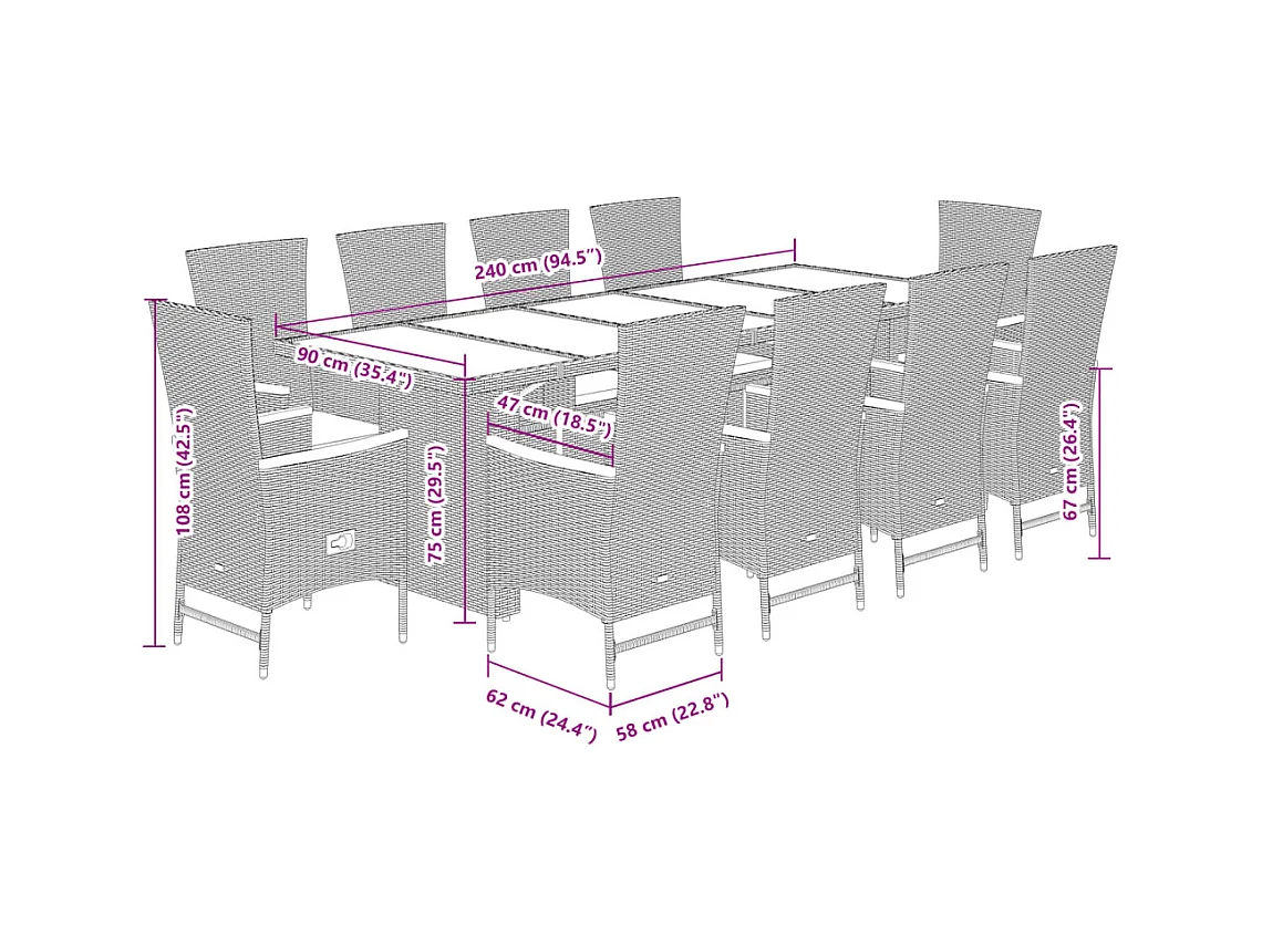 Ensemble à manger de jardin 11 pièces avec coussins gris poly rotin