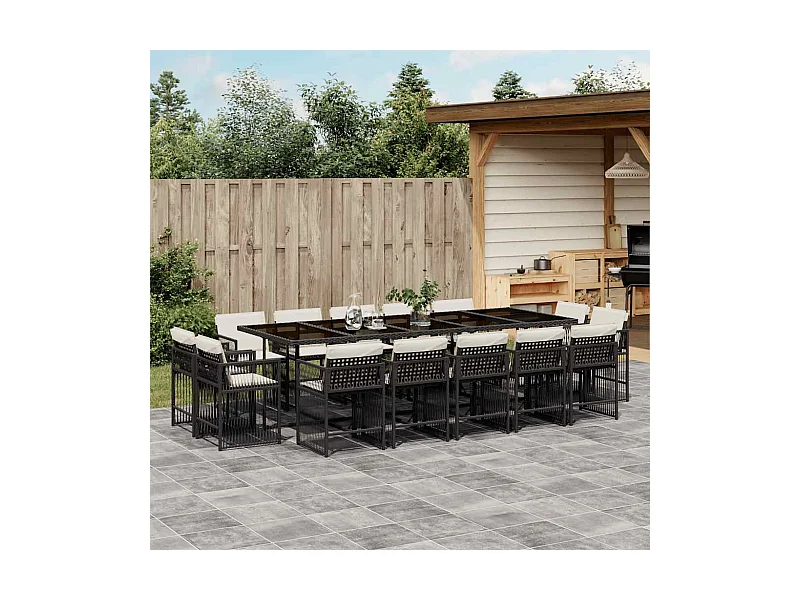 15 peças conjunto de jantar parajardim com almofadões vime PE preto