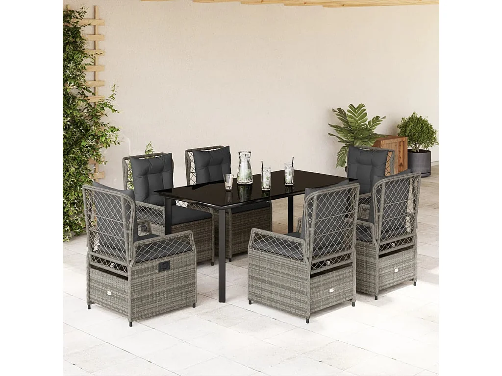 Ensemble à manger de jardin et coussins 7 pièces gris rotin