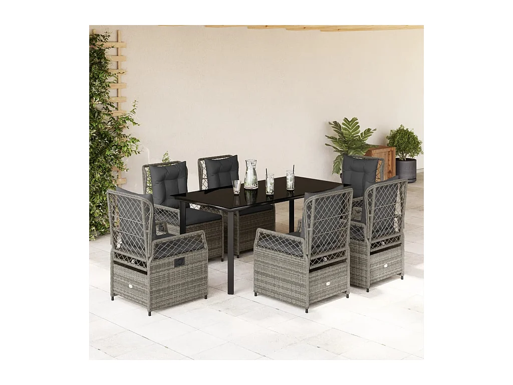 Set comedor jardín 7 piezas y cojines ratán sintético gris