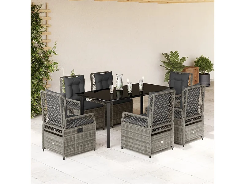 Ensemble à manger de jardin et coussins 7 pièces gris rotin