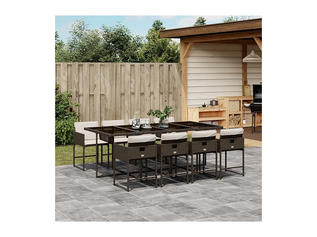 9 peças conjunto jantar para jardim com almofadões vime PE castanho