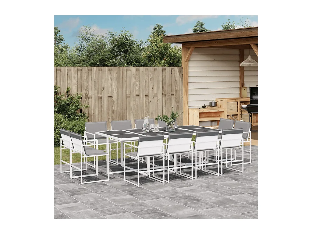 Ensemble à manger de jardin avec coussins 13 pièces blanc textilène