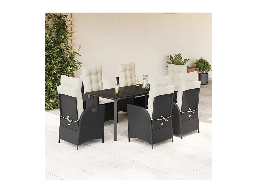 Set de comedor de jardín 7 piezas y cojines ratán sintético negro