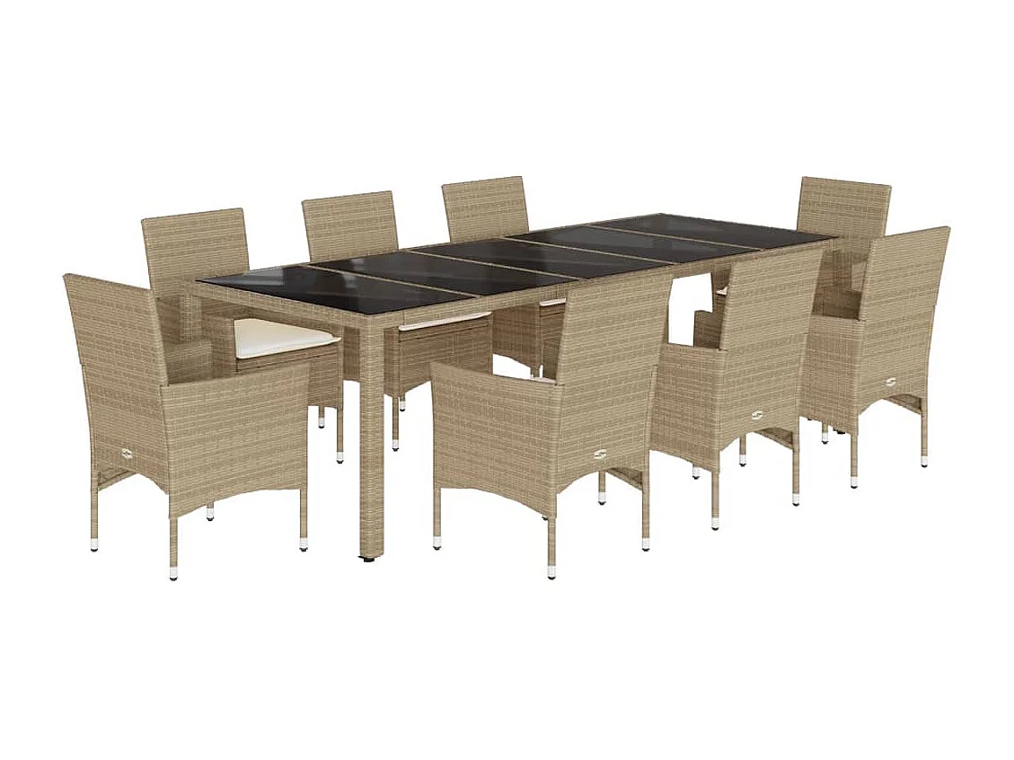 Ensemble à manger de jardin et coussins 9 pièces beige rotin verre