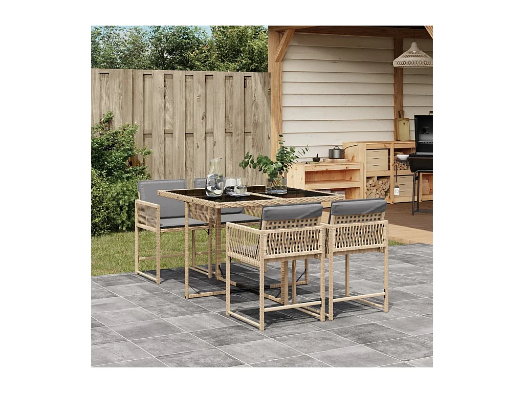 Ensemble à manger de jardin coussins 5 pièces mélange beige rotin