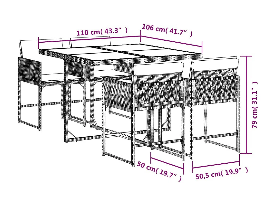 Set comedor de jardín 5 piezas con cojines ratán sintético beige