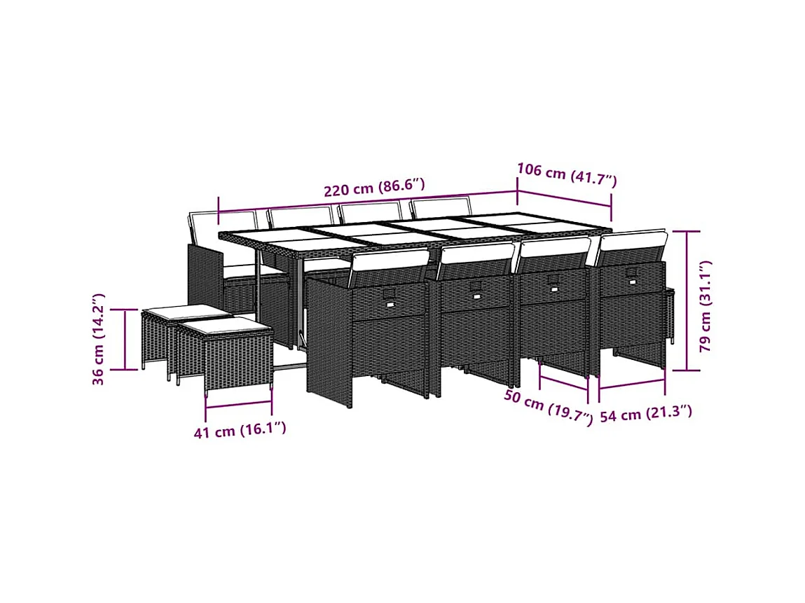 Ensemble à manger de jardin avec coussins 13 pièces marron rotin