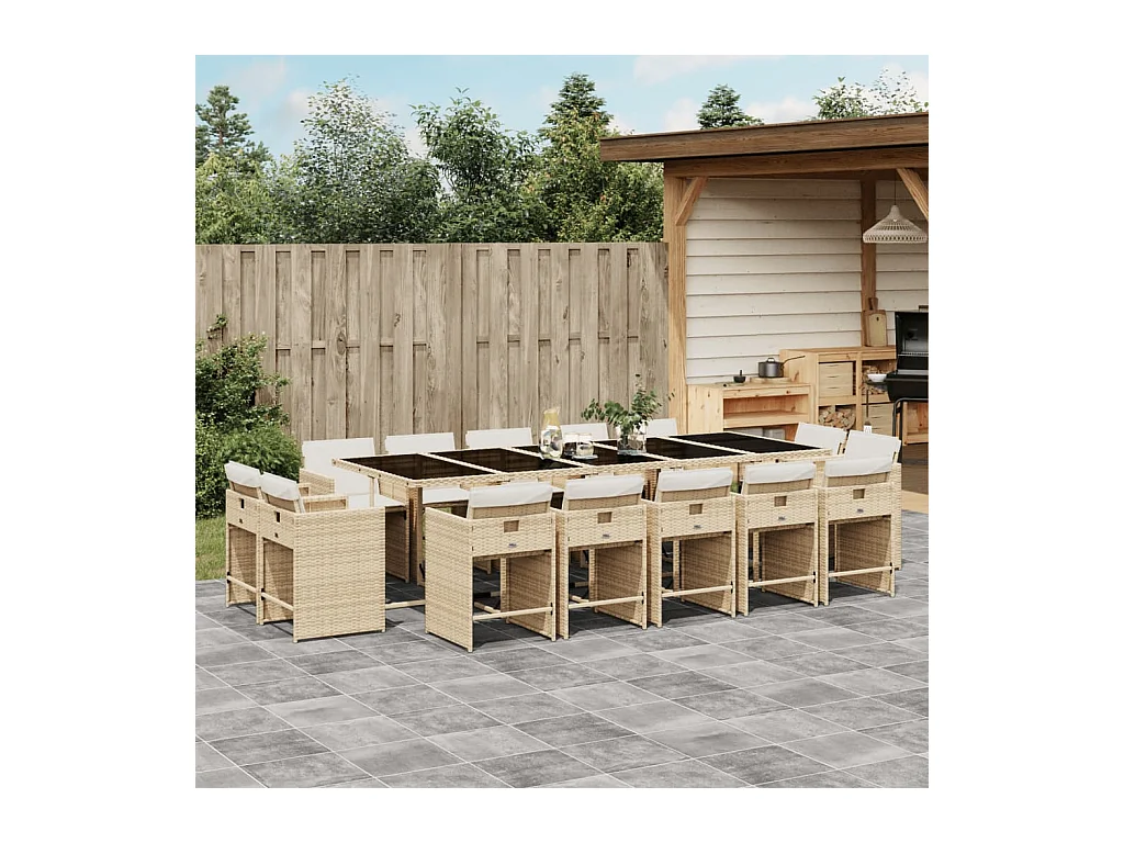 Ensemble à manger de jardin et coussins 15 pièces beige