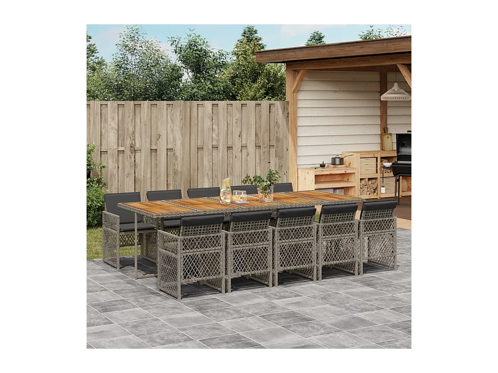 Ensemble à manger de jardin 11 pièces avec coussins gris poly rotin