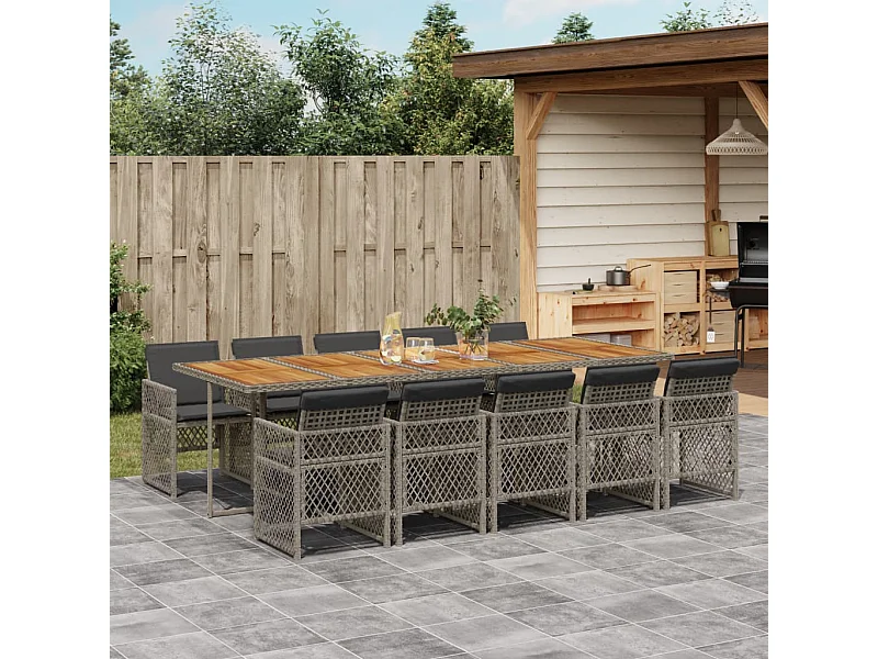 Ensemble à manger de jardin 11 pièces avec coussins gris poly rotin