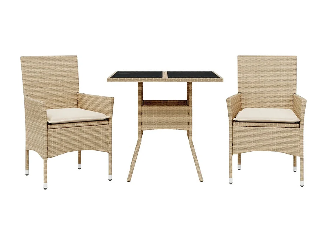 Set comedor jardín 3 piezas cojines ratán sintético vidrio beige